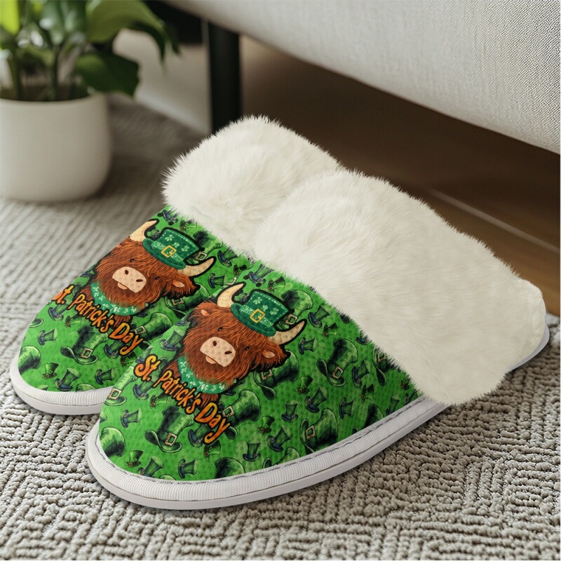 One Piece Custom Women Slippers Couple Indoor Highland Cow Print Non-Slip Wear-Resistant Men's Plush Slippers
