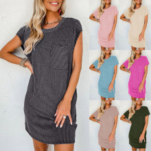 欧美跨境女装亚马逊独立站夏季休闲撞色波浪条纹短袖口袋连衣裙女