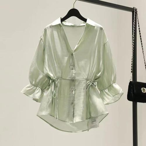 Women's Summer Outerwear Long Sleeve Thin Shirt 2025 Waist-Cinch Collar Top Fashion Ins V-Neck Stylish Shirt for Petite Women