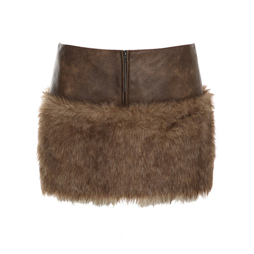 Bohemian-style furry zipper leather half-length skirt, new spicy girl sexy low-rise slimming bum-miniskirt