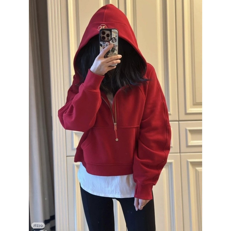 Cross-border branded LULU embroidered women's loose-fit hooded sweatshirt with half-zip, fleece-lined, warm yoga top/jacket