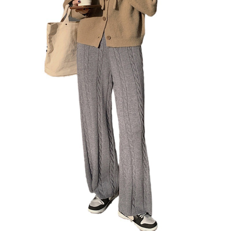 Women's Clothing Retro twisted knit wide leg pants for women autumn and winter new high waist slim loose straight mopping pants casual trousers thick_voghion.com