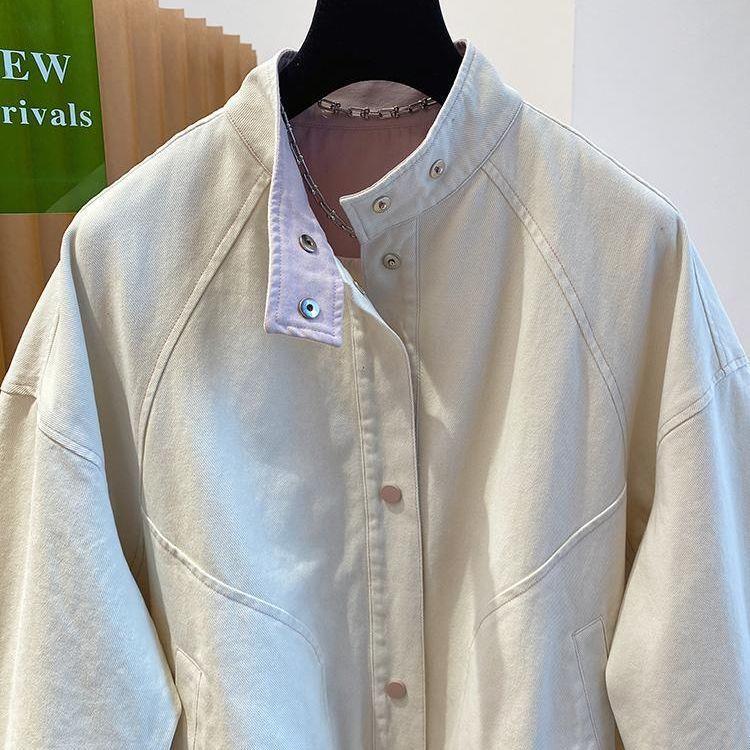 Stand Collar Jacket Women's Spring & Fall 2025 New Loose Casual Short Style Denim Top Off-White