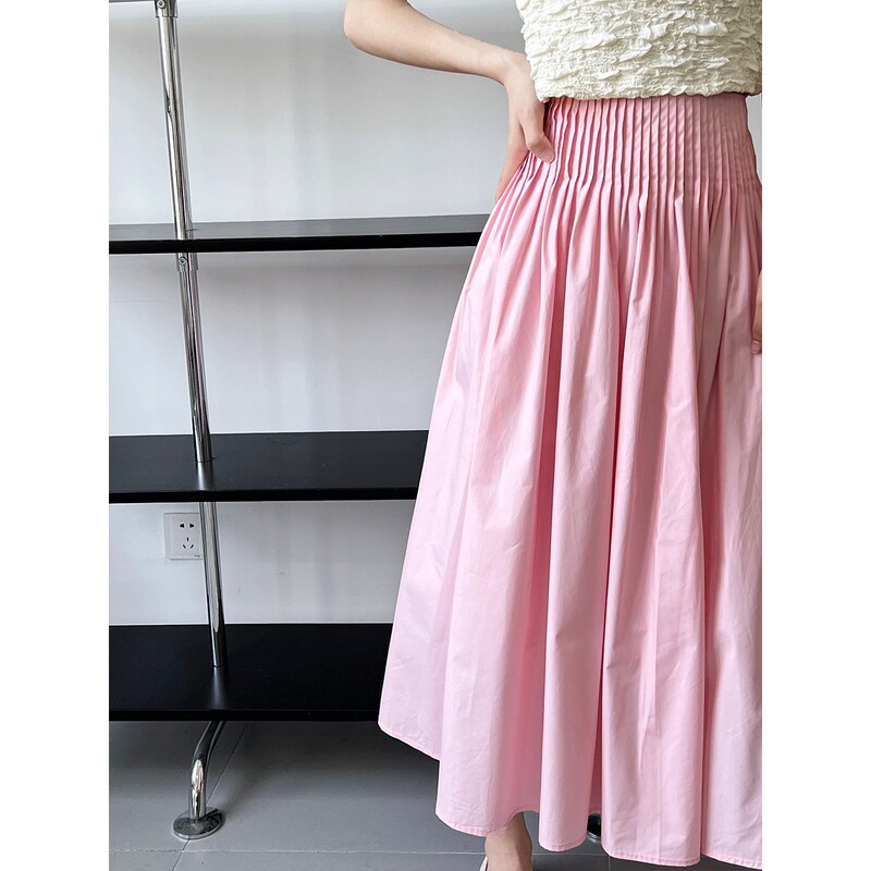 Ns Pink High-Waisted Elegant Design Pleated Large Hem A-Line Skirt Mid-Length Sweet Umbrella Skirt for Women 1626