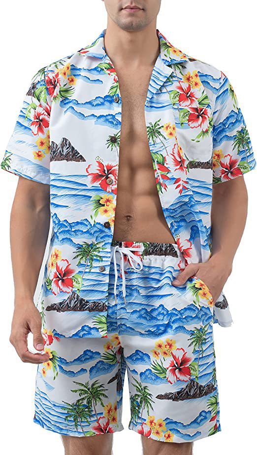 夏男士威夷短袖衬衫和短裤套装男式常规版型休闲夏威夷衬衫套装