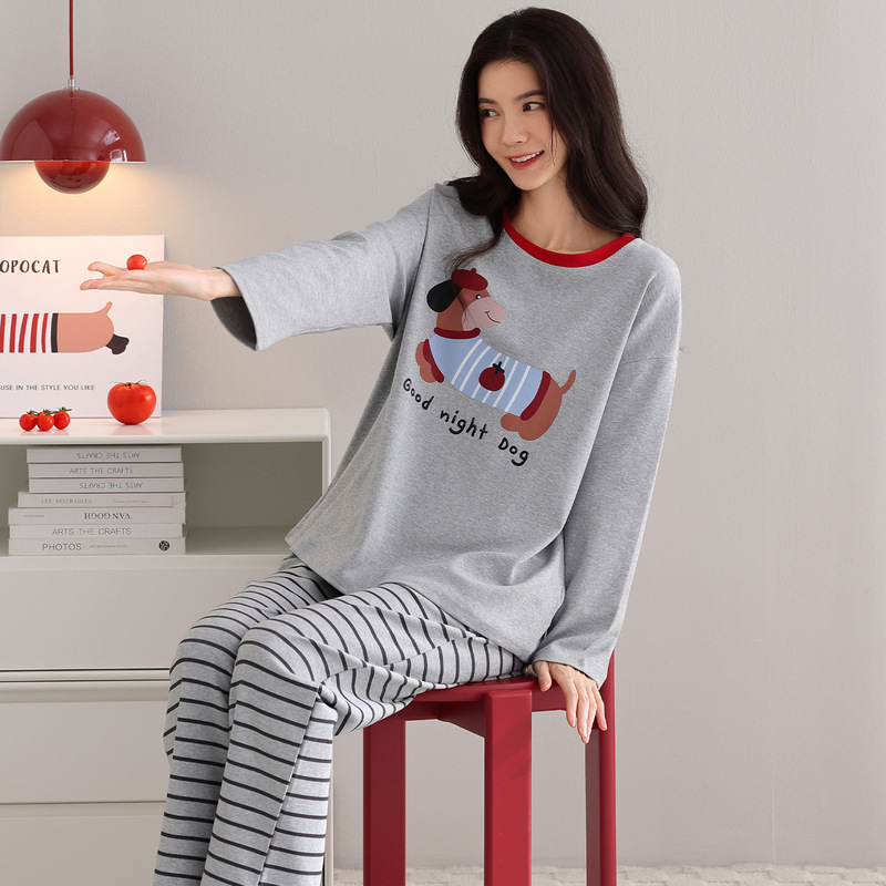Spring and Autum 100% Cotton Long-Sleeved Pajamas for Women Cartoon Dachshund Korean Style Loose Pants New Cotton Home Clothes