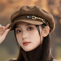 金属链条贝雷帽女秋冬日系大头围蓓蕾帽ins网红显脸小八角画家帽