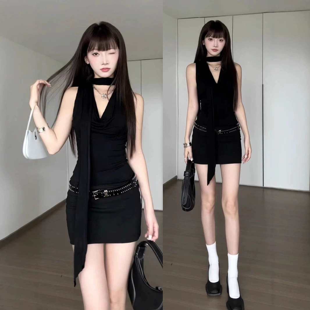 Американская горячая девушка с воротником платье женская весна и лето сексуальная маленькая черная юбка