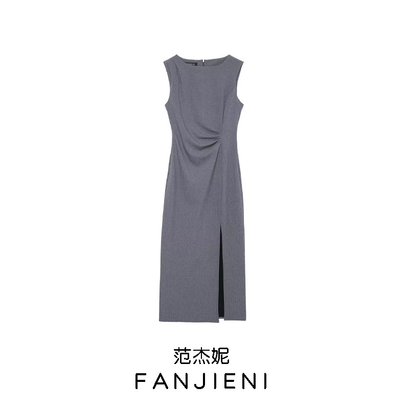 Zr Export Wholesale European and American Style Women's Fashion Elegant Slim Pleated Round Neck Sleeveless Dress 4387814