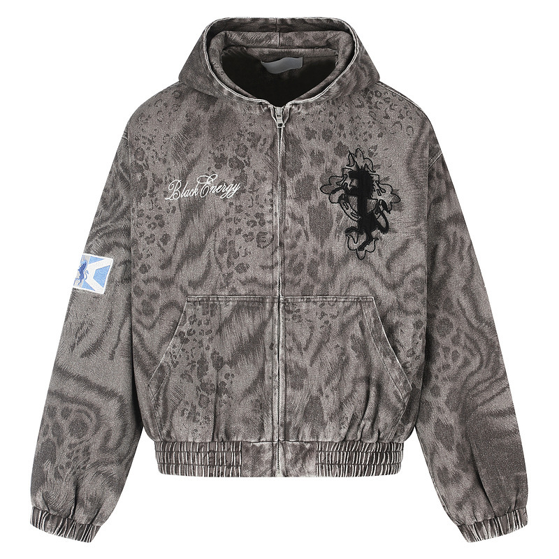 High street distressed leopard print hooded jacket with front and back embroidery, blue arm patches, elastic hem, and full zipper short jacket