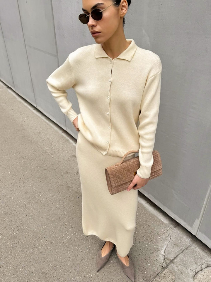 Bộ đầm len dệt kim áo khoác cardigan cổ bẻ cài nút và chân váy dài phong cách Âu Mỹ — Màu be chi tiết 6