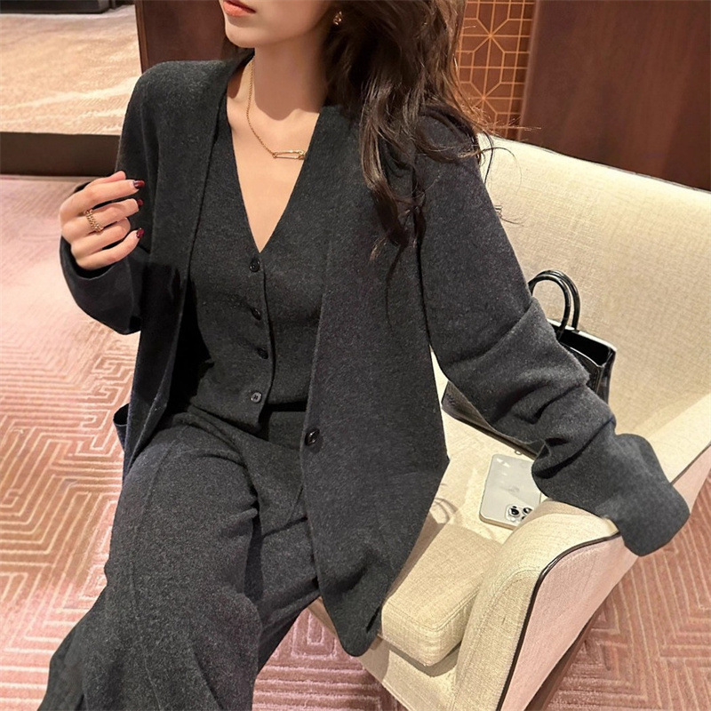 跨境气质通勤针织衫套装女2025秋冬新款加厚开衫马甲阔腿裤三件套|undefined