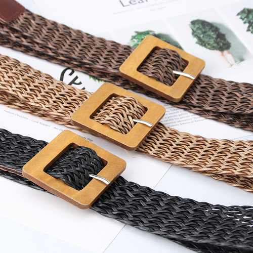 Women's simple ins style wooden buckle retro woven belt Korean style fashion dress decorative belt women's girdle