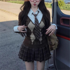 【南韩艺高】学院风假两件菱格毛衫/百褶短裙套装女