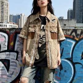 美式高街hiphop水洗做旧牛仔衬衫女春秋季破洞痞帅设计感假两件