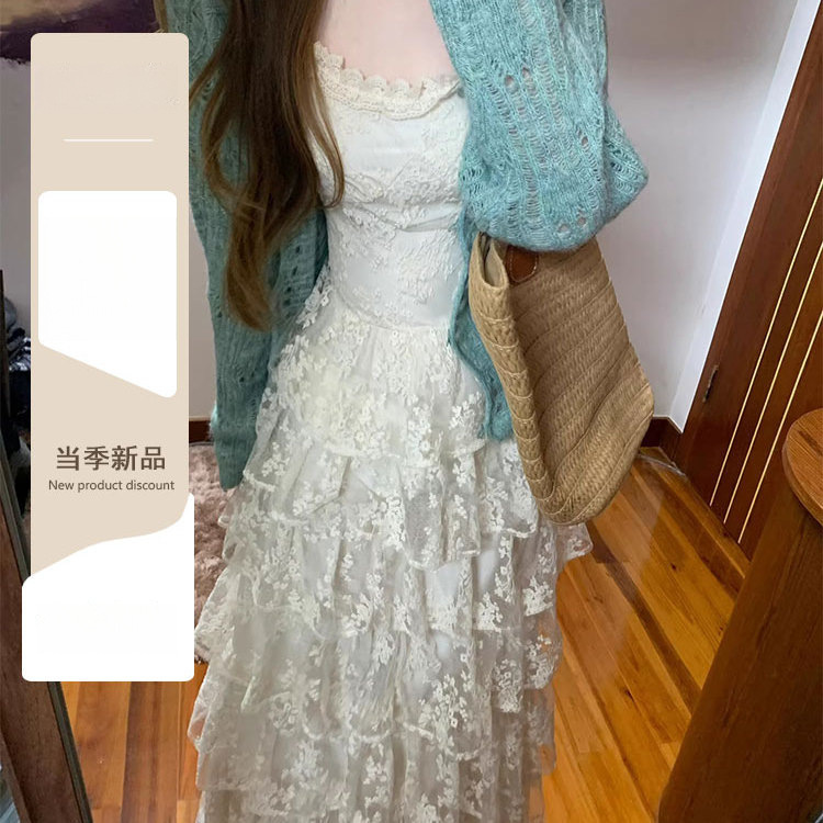 Early Spring Outfit Set: Spring and Summer Mint Green Sweater Cardigan, Lace Cake Suspender Dress for Women