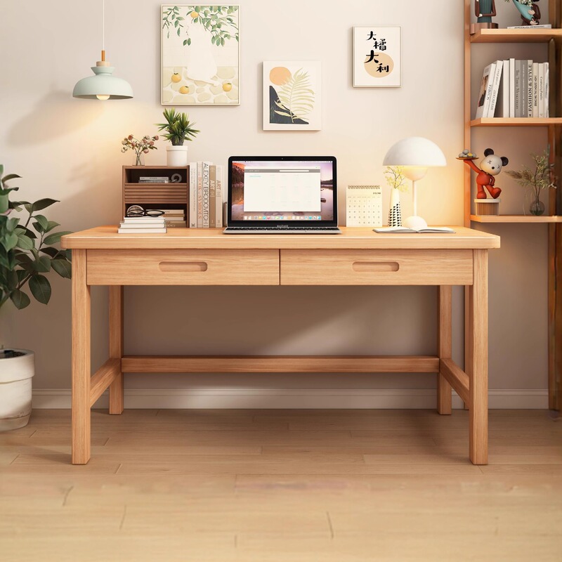 Solid Wood Computer Desk with Drawer Simple Office Desk Bedroom Student Learning Writing Desk Home Desk and Chair Combination