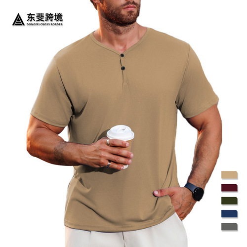 2025 TEMU Men's European and American Solid Color V-Neck Breathable Sweat-Wicking Casual Sports Lightweight Regular Short-Sleeve T-Shirt