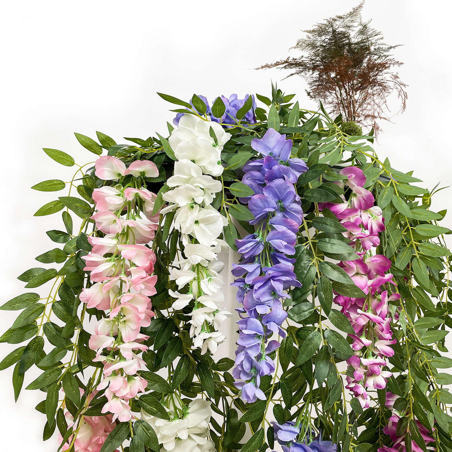 Simulación wisteria arco de boda decoración flor de frijol Simulación flor de wisteria hojas verdes Simulación flor de frijol