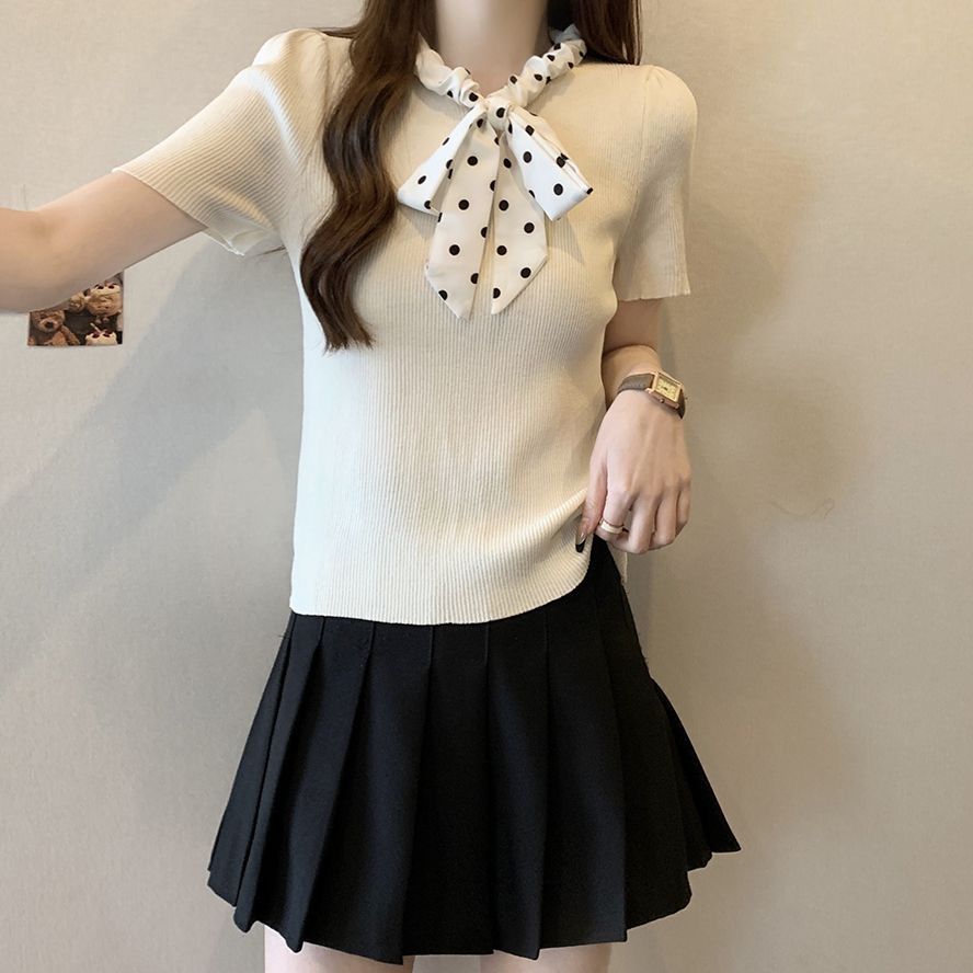 2024 neuer Sommer süßer Polka Dot-Pullover mit Kordelzug, kurzärmeliges Eisseide-Bauchbedeckung, kleines duftendes Streifenoberteil für_voghion.com