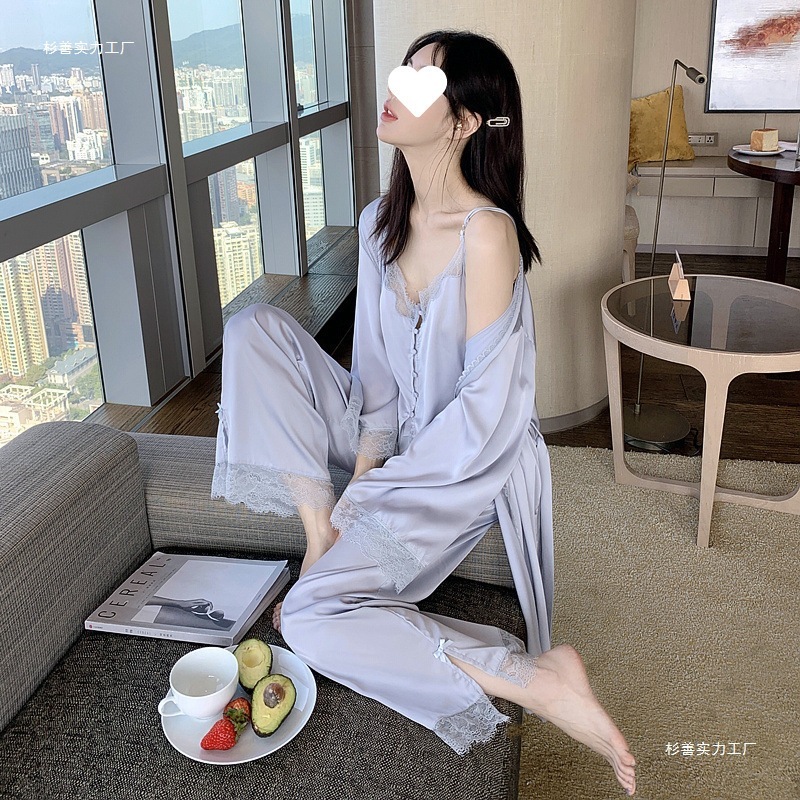 シルクセクシーナイトガウン感スリング3点セット春秋純情パジャマ女性夏|undefined