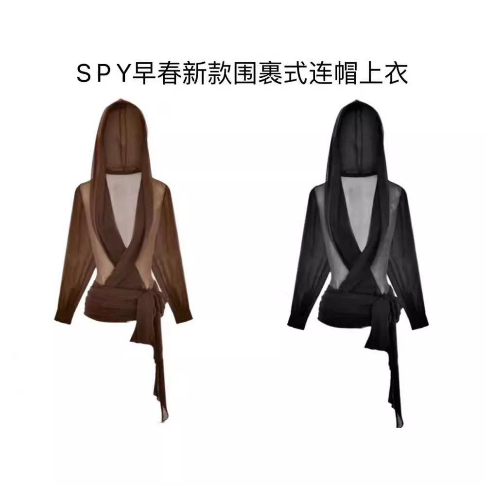 Mười ba h&agrave;ng 2024 m&ugrave;a h&egrave; phong c&aacute;ch mới &Acirc;u Mỹ phong c&aacute;ch lưới d&agrave;i tay xuy&ecirc;n thấu &aacute;o sơ mi ngắn c&oacute; mũ tr&ugrave;m đầu