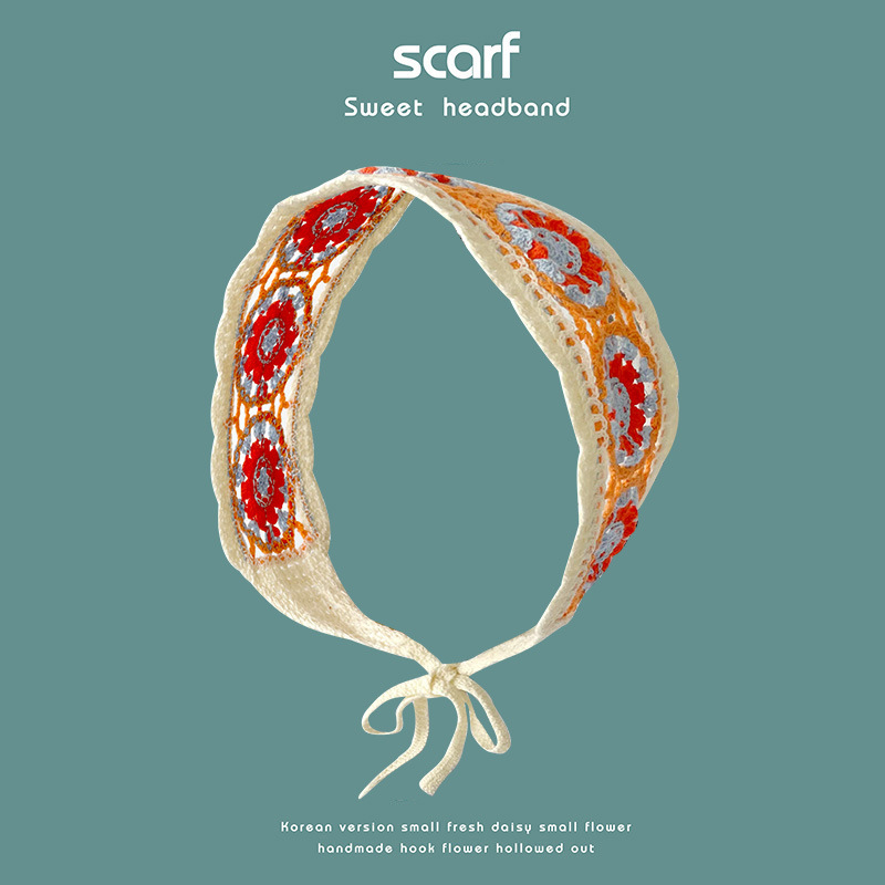 Nuevo colorido estilo étnico hecho a mano de ganchillo tejido banda de pelo de ala ancha estilo pastoral retro de las mujeres banda de pelo bolsa pañuelo sombrero