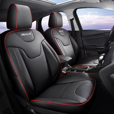 Suitable for Ford Focus special car seat cushion wear-resistant leather spell middle leather perforated five-seat cover (Modelə uyğun (Original) oturacaq örtükləri) - black-red-standard-edition-wear-resistant-leather
