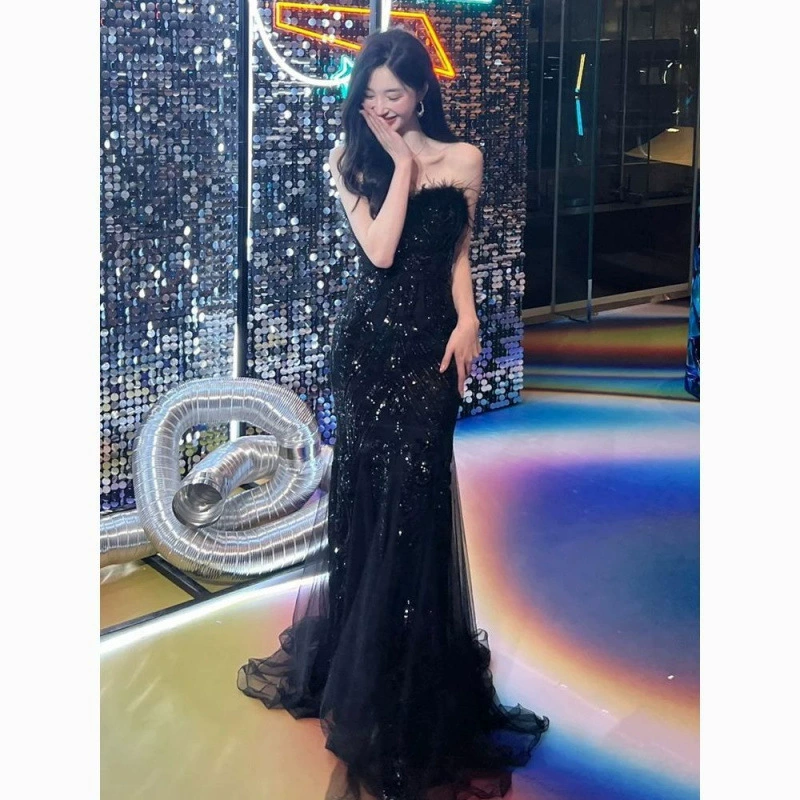 Вечернее платье для взрослых, легкая роскошная ниша, высококачественная новая модель 2024 года для проведения дня рождения, художественного экзамена, выпускного банкета, с перьями и блестками.