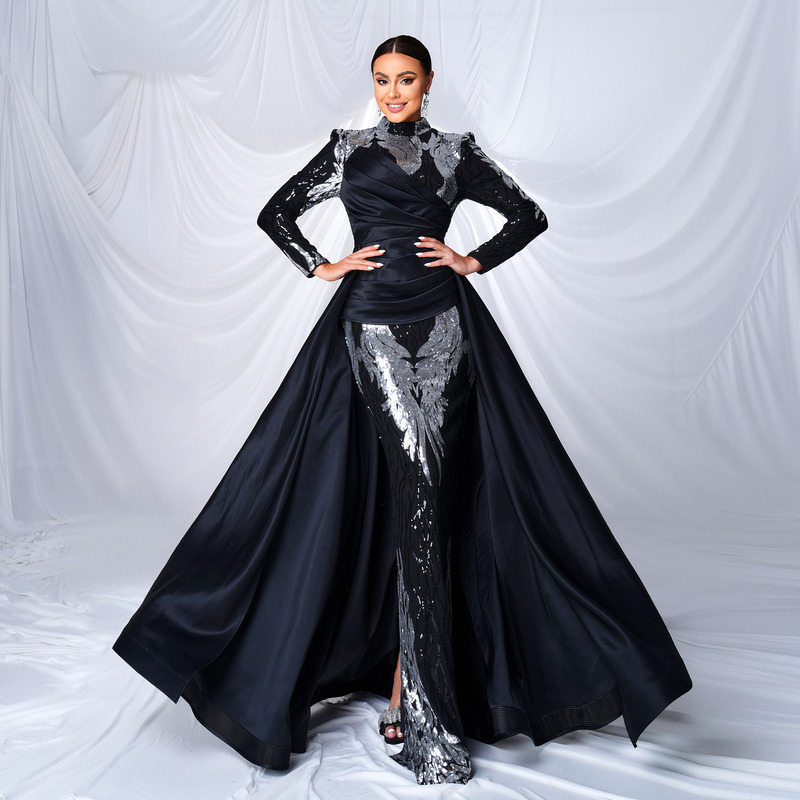 Cross-border European and American High-end Long-sleeved Elegant Round Neck Long Sequin Banquet Fishtail Evening Dress Bridesmaid Dress dress Women