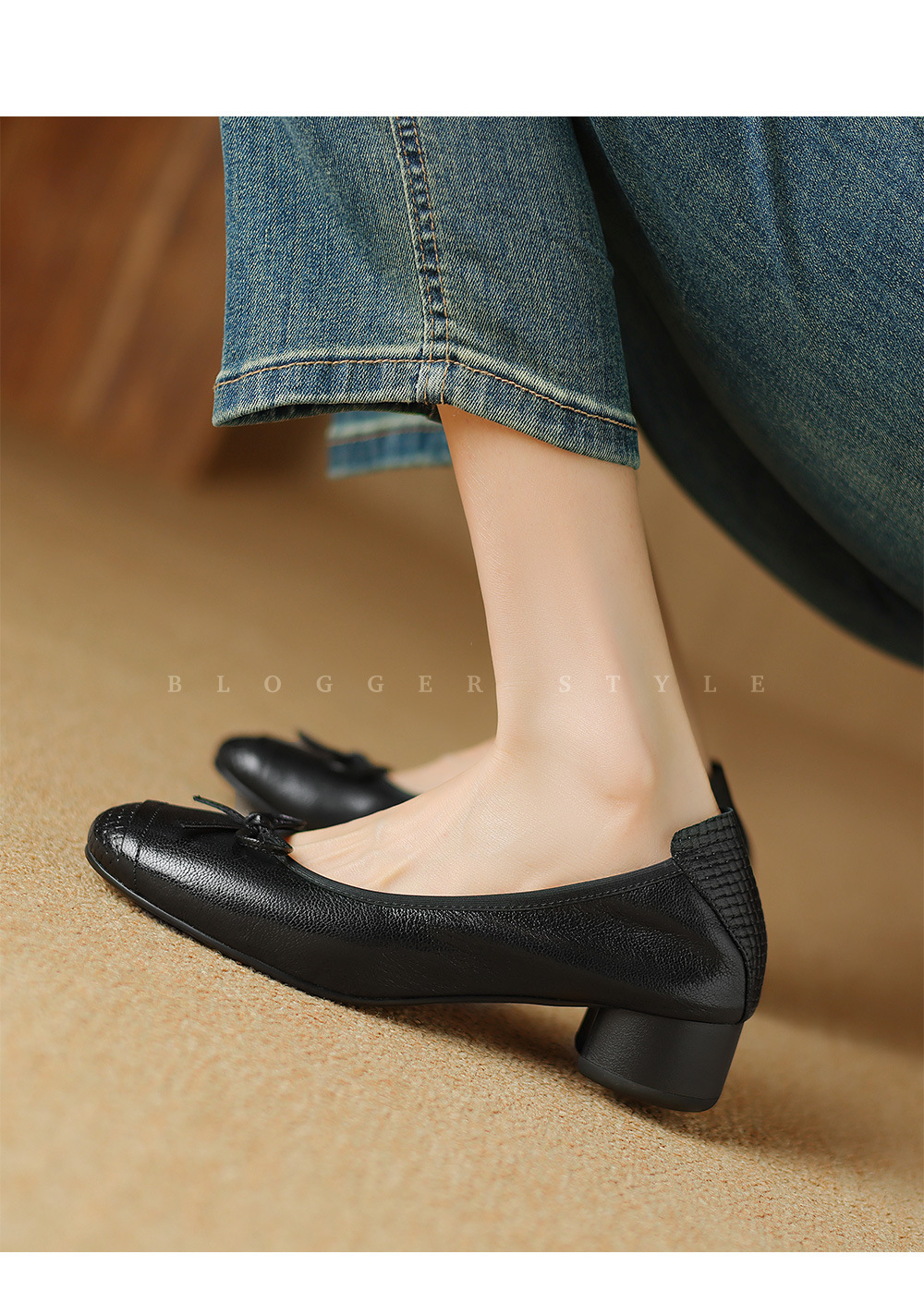 Giày nữ da cừu mũi tròn miệng nông gót thô nơ bướm — Màu đen chi tiết 5