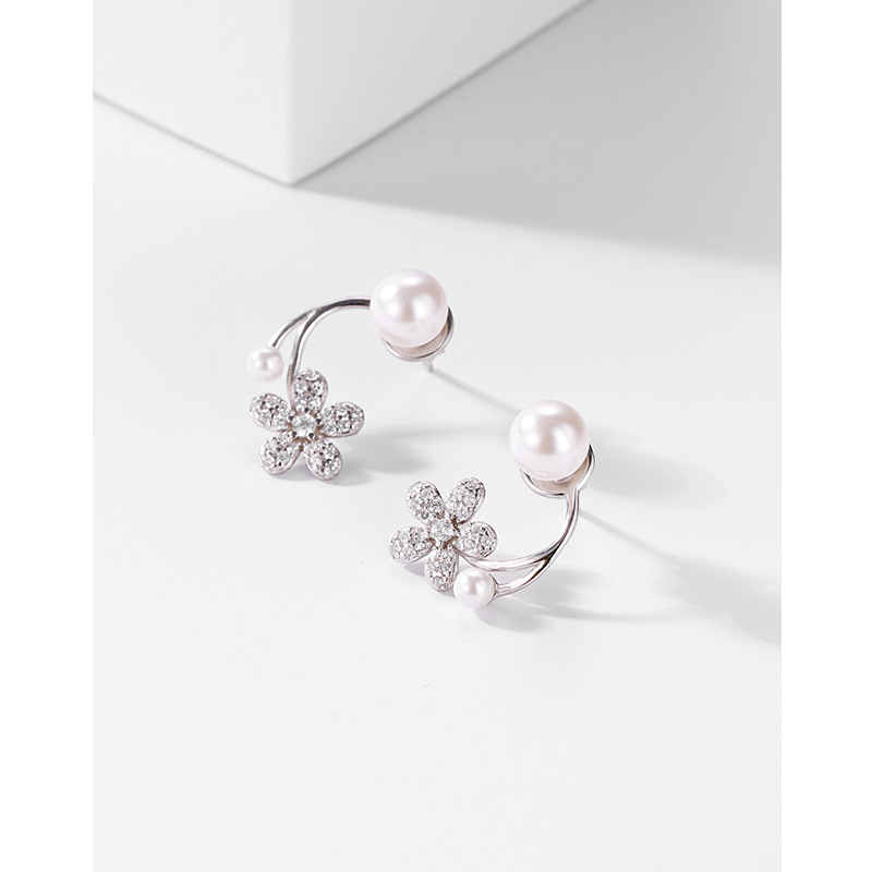 S925 plata esterlina flor perla pendientes mujeres moda simple nicho diseño de alto grado pendientes uno de dos piezas pendientes