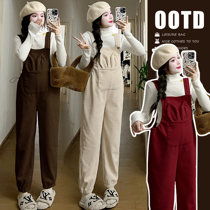 Maternity Overalls for Spring and Autumn 2026 New Style Petite Corduroy Maternity Pants Thickened for Autumn and Winter