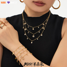 欧美小众五叶花锆石小钻DIY多吊坠项链手链不锈钢链条镀18k金套装