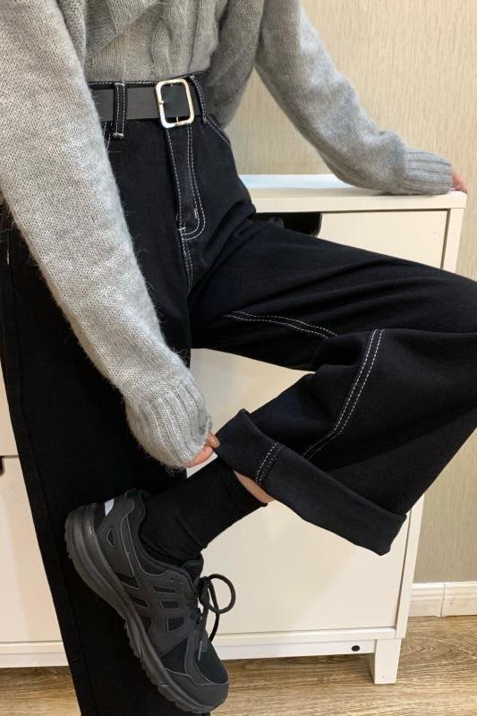 New High-Waisted Slimming Loose Casual Spring and Autumn Non-Fleece Wide-Leg Straight Dad Jeans for Petite Women