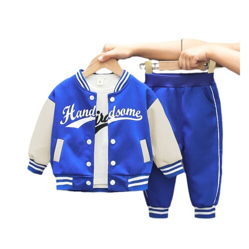 Spring Boys New Baseball Collar Long Sleeve Set Autumn Boys Trendy Letter Print Casual Fashion Three-Piece Set