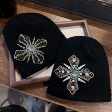 小众十字架宝石毛线帽子男女同款街头嘻哈个性重工护耳针织冷帽潮