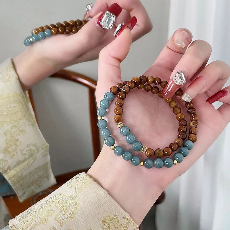 New Chinoiserie National Style Imitation Cook Bracelet Simple Blue Water Round Bead Double Circle Bracelet Women's Niche Fashion Hand Jewelry