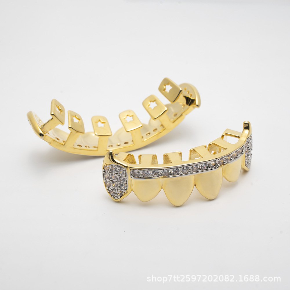 New cross-border braces in Europe and the United States Halloween fangs mirrored mixed with zirconium large gold teeth hip hop real gold electroplated fangs