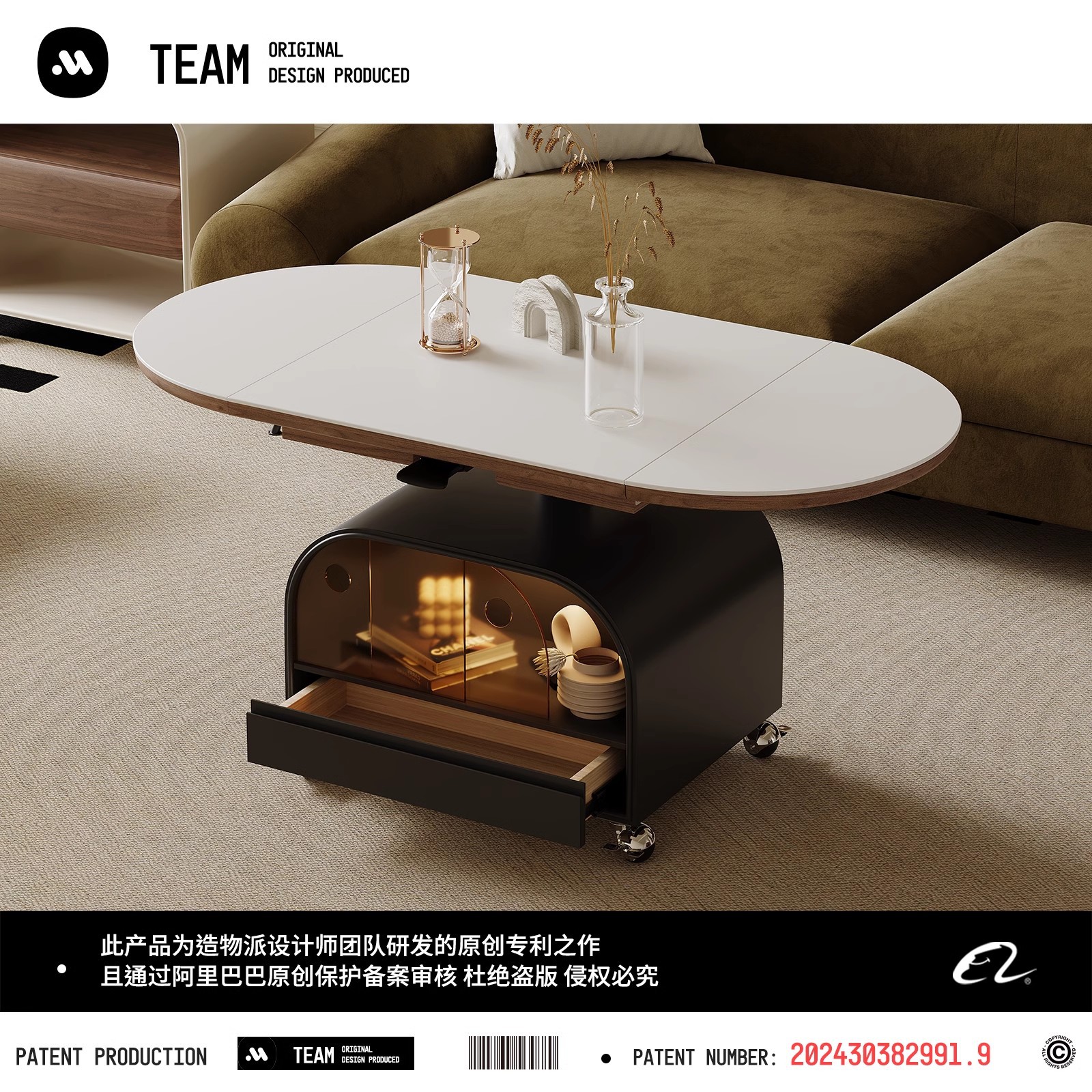 Mesa lateral de elevación sala de estar 2024 nueva mesa de comedor de tablero de roca ovalada minimalista italiana móvil mesa de centro plegable dos en uno