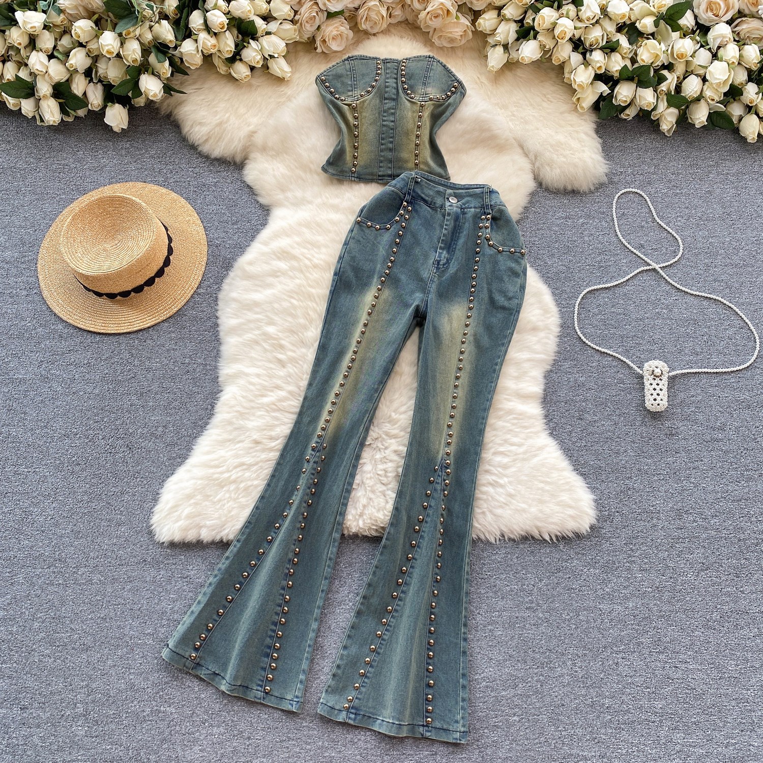 Women's Slimming Beaded Denim Suit Sexy Strapless Top High Waist Slightly Flared Length Retro American Two-Piece Outfit_ecoleips.com
