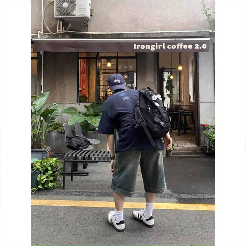 Vintage americano callejera lavado con agua jeans cortos hombres y mujeres relajados casuales rectos de piernas anchas marca de moda pantalones de siete puntos