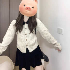 春秋新款小香风毛衣外套女斑点撞色短款针织开衫别致短上衣