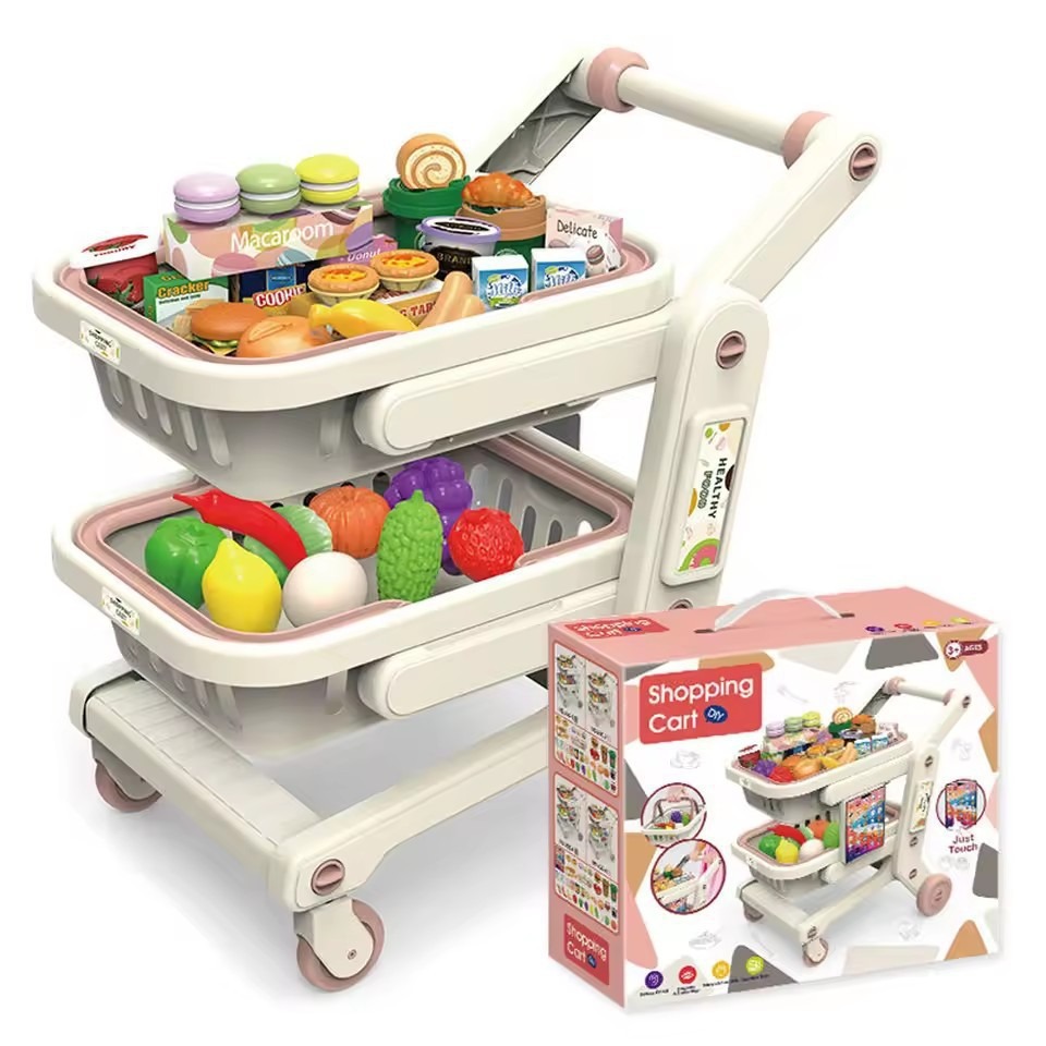 Comercio exterior infantil simulación de supermercado de doble capa de frutas y verduras carro de compras plano a través del juego de juguetes de supermercado