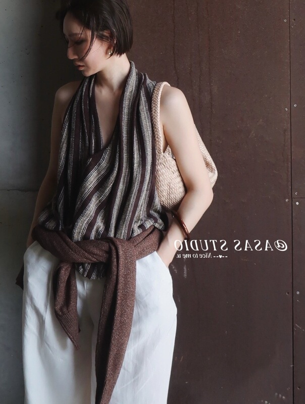 【Md Benchmark】Linen High-Street Fashion Avant-Garde Style Striped Detail Cross Halter V-Neck Sleeveless Top