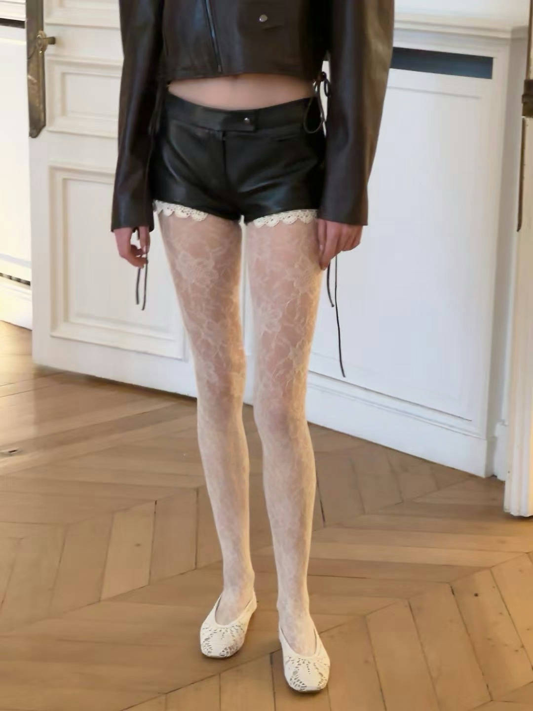 Pantalón Corto de Cuero Casual con Encaje PU para Ocasiones Casuales