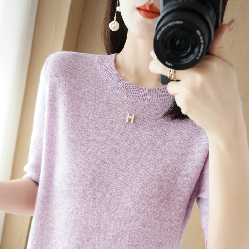 2022 Spring and Summer New Style Knitted Short-Sleeved Women's Round Neck Bottoming Knitted Pullover Half-Sleeved Sweater Loose Bottoming Sweater