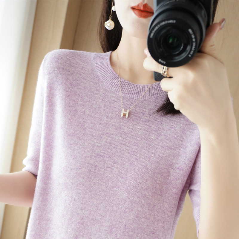 2022 Spring and Summer New Style Knitted Short-Sleeved Women's Round Neck Bottoming Knitted Pullover Half-Sleeved Sweater Loose Bottoming Sweater