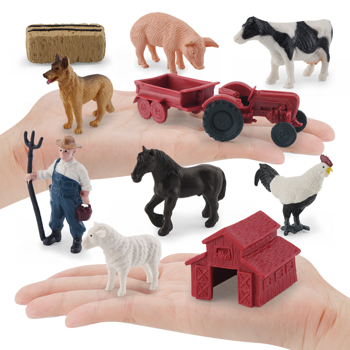 Simulación transfronteriza perro pastor Sharma Holstein vaca Gallo cerdo granja vida escena modelo adornos estáticos