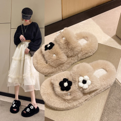 Cute Flower Korean Version New Plush Slippers for Women, Outdoor Wear, Thick Sole Trendy Shoes for Autumn and Winter, Warm Home Use Cotton Slippers